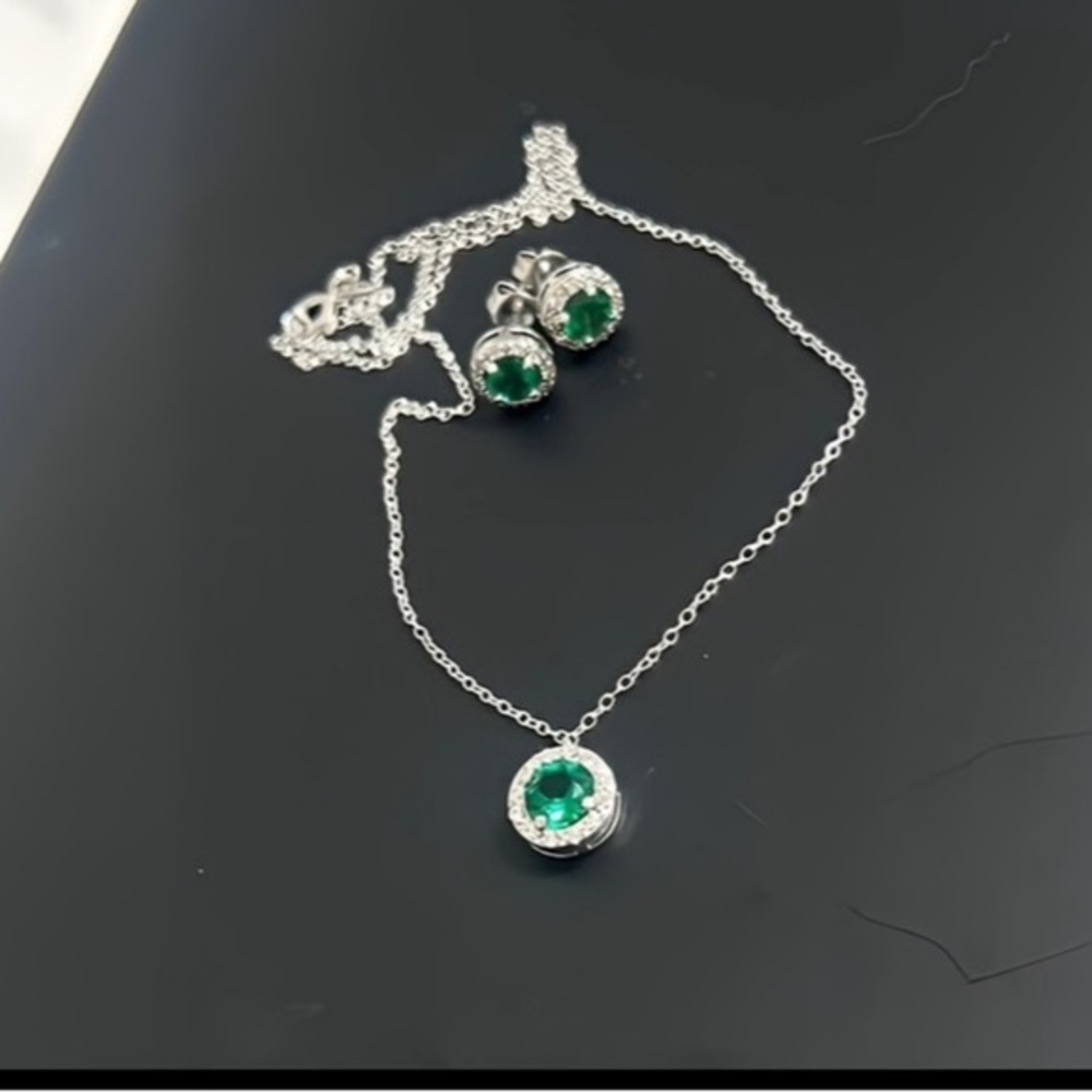 Emerald Diamond Earrings And Matching Emerald Diamond Necklace-Nwot